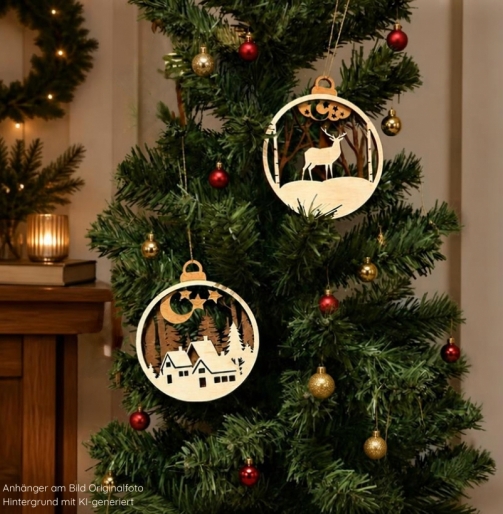 Geschmückter Christbaum mit zwei großen Holz-Weihnachtsanhängern mit Winterdorf und Hirsch sowie kleinen roten und goldenen Christbaumkugeln.
