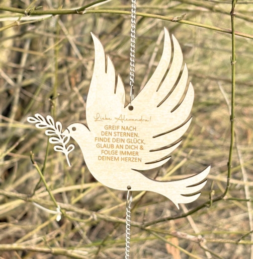 Sonnenfänger Taube mit Gravur und Spruch als personalisiertes Geschenk zur Kommunion