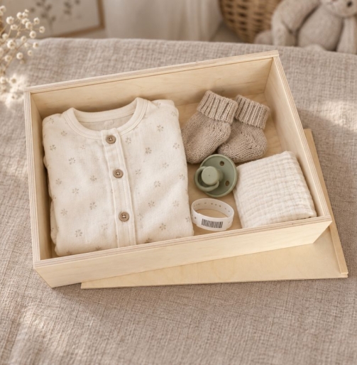 Erinnerungsbox aus Holz mit Schiebedeckel, befüllt mit Babykleidung, Babysocken, Schnuller, Mulltuch und Geburtsarmband