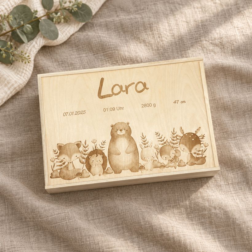 Erinnerungsbox aus Holz mit gravierten Geburtsdaten und Waldtier-Motiv auf dem Schiebedeckel – Gestaltungsbeispiel