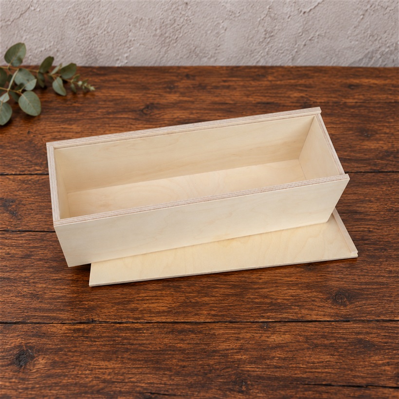 Offene Holzkiste 35 x 10,5 x 10,5 cm, Schiebedeckel liegt darunter
