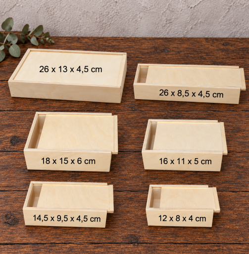 Mini-Holzkisten mit Schiebedeckel in 6 Größen von 12 x 8 x 4 cm bis 26 x 13 x 4,5 cm