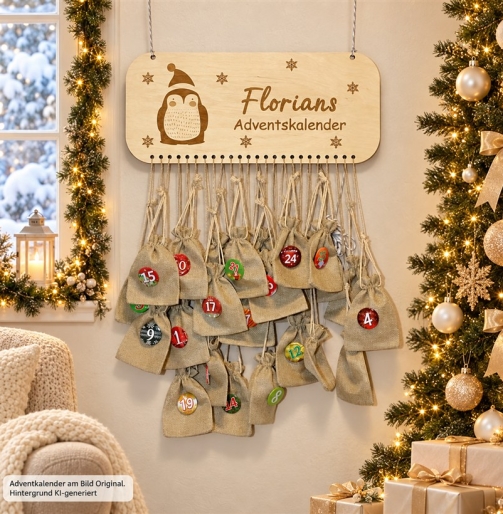 Personalisierter DIY-Adventskalender aus Holz mit graviertem Pinguin-Motiv und Namen, Komplett-Set mit 24 Jutesäckchen und Zahlenbuttons vor weihnachtlicher Deko
