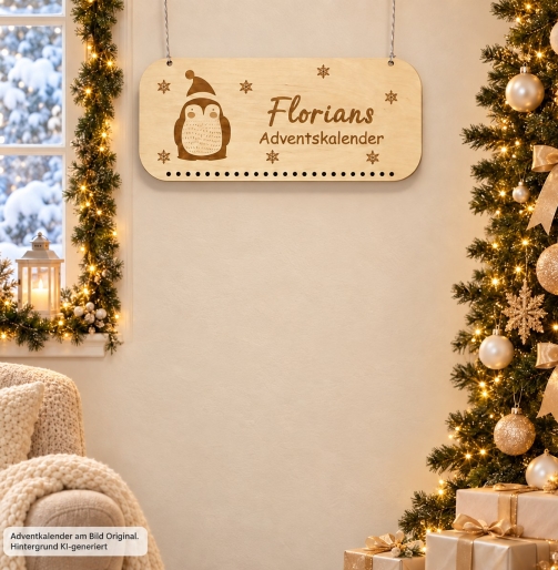Holztafel für DIY-Adventskalender mit graviertem Pinguin mit Mütze, Schneeflocken und Wunschnamen, mit Jutenband zum Aufhängen