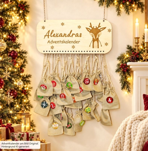 Personalisierter DIY-Adventskalender aus Holz mit graviertem Rentier-Motiv und Namen, Komplett-Set mit 24 Jutesäckchen und Zahlenbuttons vor weihnachtlicher Deko