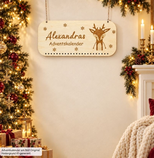 Holztafel für DIY-Adventskalender mit graviertem Rentier, Schneeflocken und Wunschnamen, mit Jutenband zum Aufhängen