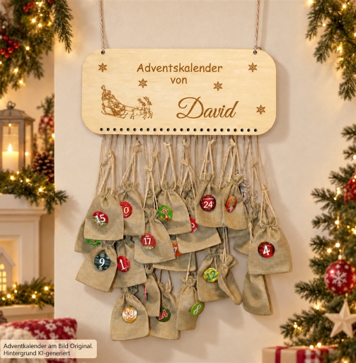 Personalisierter DIY-Adventskalender aus Holz mit graviertem Schlitten-Motiv und Namen, Komplett-Set mit 24 Jutesäckchen und Zahlenbuttons vor weihnachtlicher Deko
