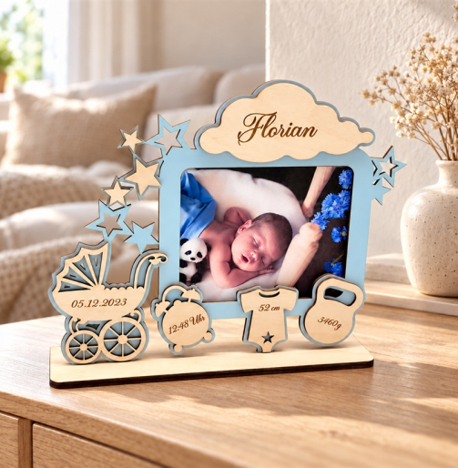 Baby-Fotorahmen in Hellblau mit Name „Florian“, Kinderwagen und Geburtsdaten