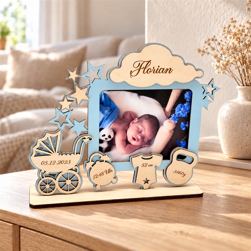 Baby-Fotorahmen in Hellblau mit Name „Florian“, Kinderwagen und Geburtsdaten