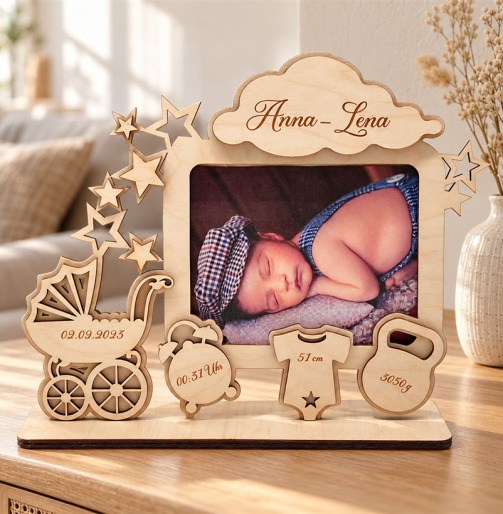 Baby-Fotorahmen natur mit Name „Anna-Lena“, Kinderwagen und Geburtsdaten