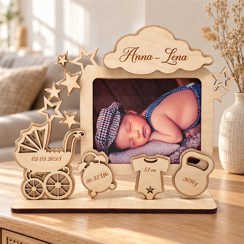 Baby-Fotorahmen natur mit Name „Anna-Lena“, Kinderwagen und Geburtsdaten