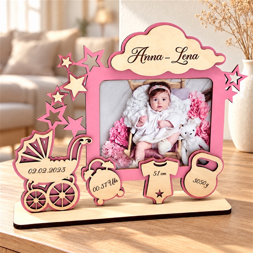 Baby-Fotorahmen in Rosa mit Name „Anna-Lena“, Kinderwagen und Geburtsdaten