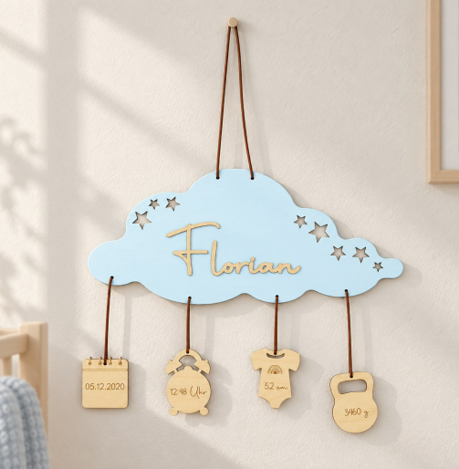 Personalisierte Babywolke in Hellblau mit Name „Florian“ und Anhängern mit Geburtsdaten