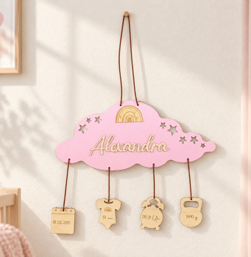 Personalisierte Babywolke in Rosa mit Name „Alexandra“ und Anhängern mit Geburtsdaten
