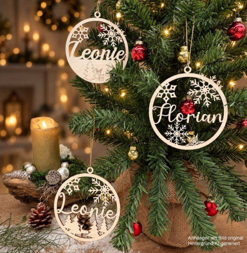 Personalisierte Geschenkanhänger aus Holz mit Motiv Schneeflocken, Reh und Rentier am Christbaum