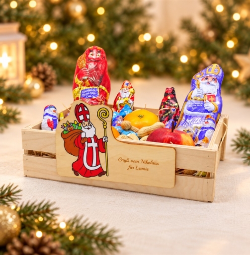 Geschenkskorb „Gruß vom Nikolaus“ befüllt mit Schoko-Nikolo und Obst