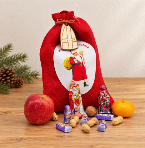 Nikolaussäckchen mit Namensanhänger „Florian“, Apfel, Mandarine, Nüssen und Schoko-Nikolo