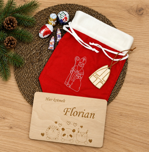 Nikolaus-Set: Nikolaussackerl, Namensanhänger und Jausenbrett „Hier krümelt Florian“