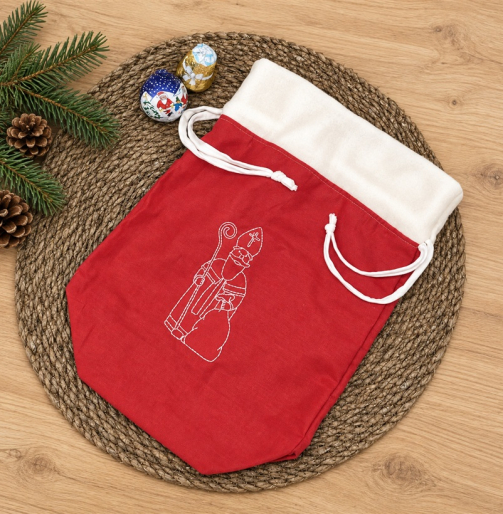 Rotes Nikolaussackerl aus Baumwolle mit Fleece-Rand und gesticktem Nikolaus