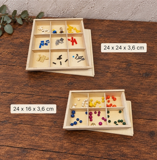 Sortierboxen aus Holz mit Schiebedeckel in 2 Größen: 24 x 24 x 3,6 cm und 24 x 16 x 3,6 cm