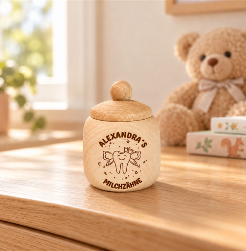 Personalisierte Zahndose mit Zahnfee und Gravur „Alexandra’s Milchzähne“ im Kinderzimmer