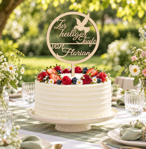 Caketopper Zur heiligen Taufe von Florian aus Holz auf einer Torte mit Beeren bei einer Tauffeier im Garten