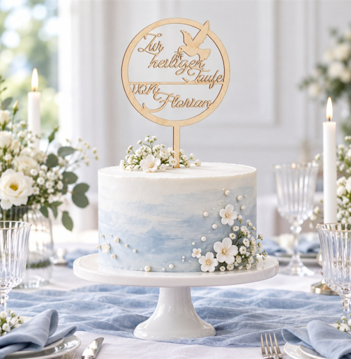 Caketopper Zur heiligen Taufe von Florian auf einer hellblau-weißen Tauftorte