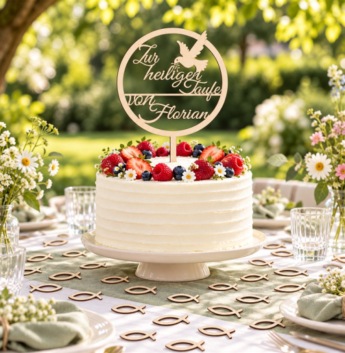 Caketopper Zur heiligen Taufe von Florian auf Tauftorte mit Holzfischen als Streudeko, Tauffeier im Garten