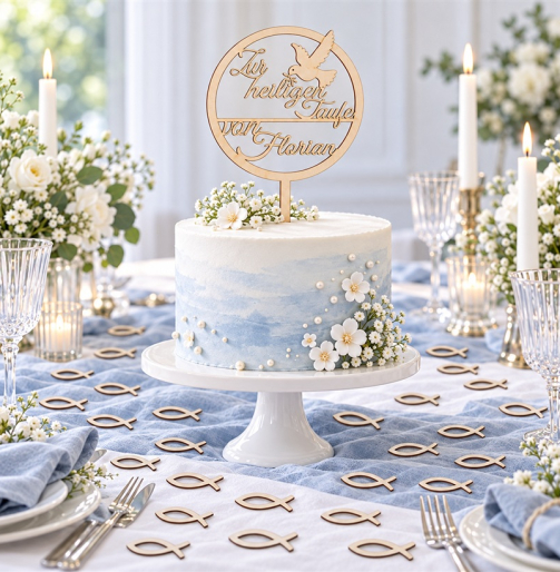 Caketopper Zur heiligen Taufe von Florian auf Tauftorte mit Holzfischen als Streudeko, Tafel in Hellblau