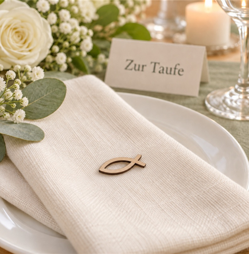 Einzelner Holzfisch als Deko auf einer gefalteten Serviette, dahinter Tischkarte „Zur Taufe“