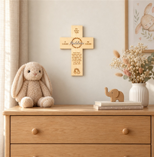 Personalisiertes Taufkreuz aus Holz mit Namen Madeleine an der Wand im Kinderzimmer