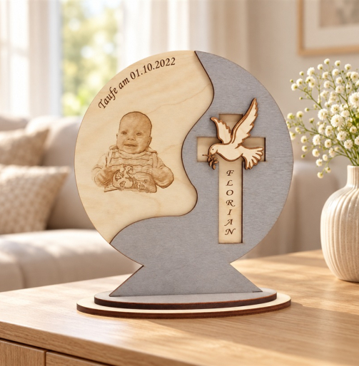 Taufschild aus Holz mit graviertem Babyfoto, Kreuz und Taube, Hintergrund grau gebeizt, als Deko im Wohnzimmer