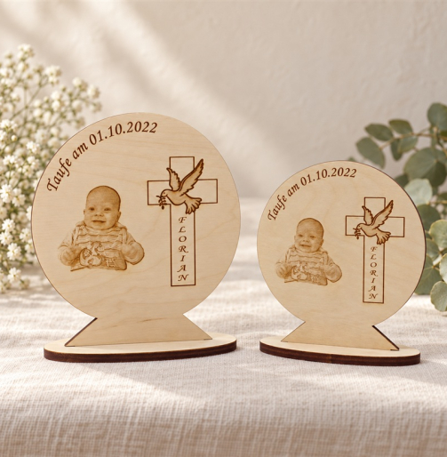 Taufschild mit Foto aus Holz in 15 x 13,5 cm und 12,3 x 11 cm auf Sockel
