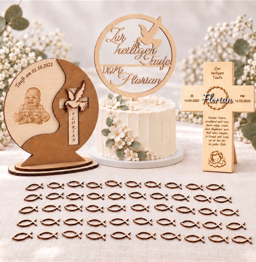 Taufset mit Taufschild in 3D-Optik mit Foto, Taufkreuz mit 3D-Namen Florian, Caketopper Zur heiligen Taufe auf Torte und 50 Holzfischen, Taufschild braun gebeizt