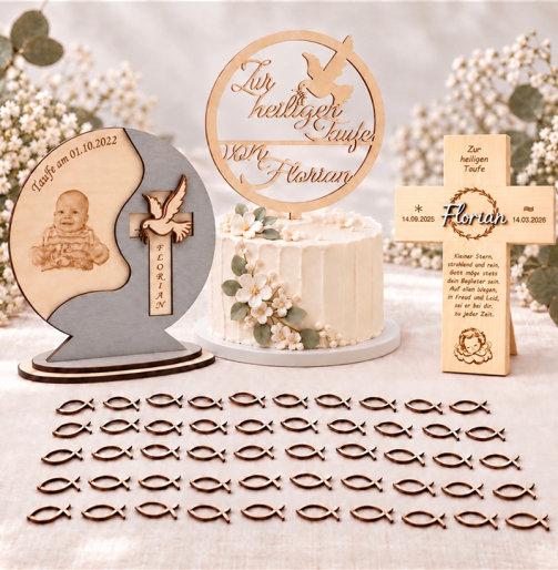 Taufset mit Taufschild in 3D-Optik mit Foto, Taufkreuz mit 3D-Namen Florian, Caketopper Zur heiligen Taufe auf Torte und 50 Holzfischen, Taufschild grau gebeizt