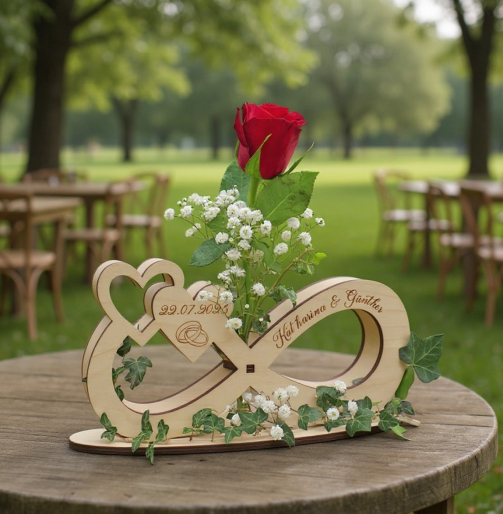 Unendlichkeitszeichen aus Holz mit Namen Katharina & Günther, Datum und Ringen graviert, mit roter Rose im Blumenröhrchen auf einem Holztisch bei einer Gartenhochzeit
