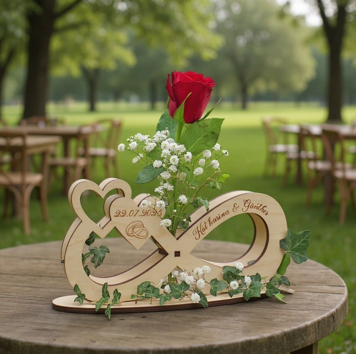 Unendlichkeitszeichen aus Holz mit Namen Katharina & Günther, Datum und Ringen graviert, mit roter Rose im Blumenröhrchen auf einem Holztisch bei einer Gartenhochzeit